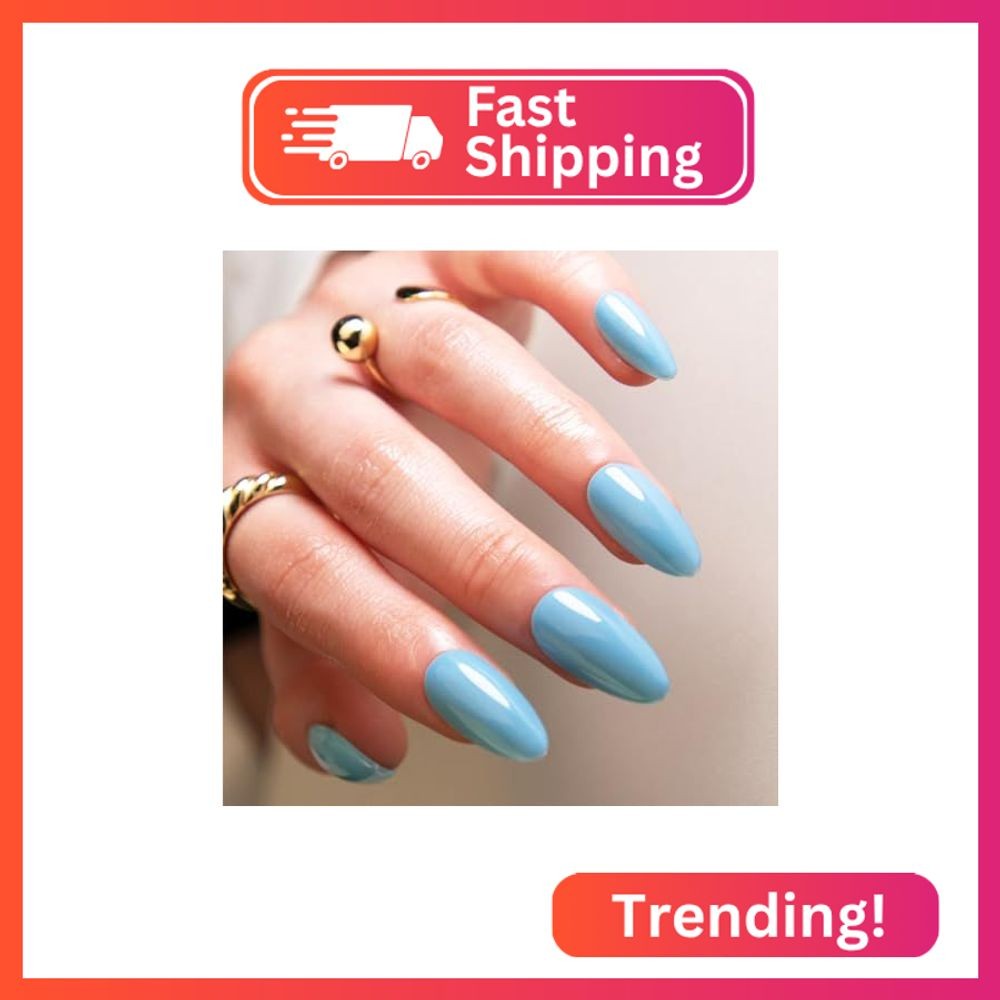 24 Pieces Blue Short Medium Almond Press-On Nails with Solid Color Design – Glos