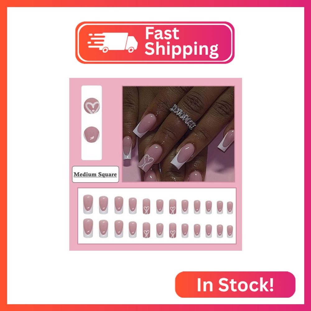 BAOYAALIN Medium Press on Nails Square French White Fake Nails with Heart Design