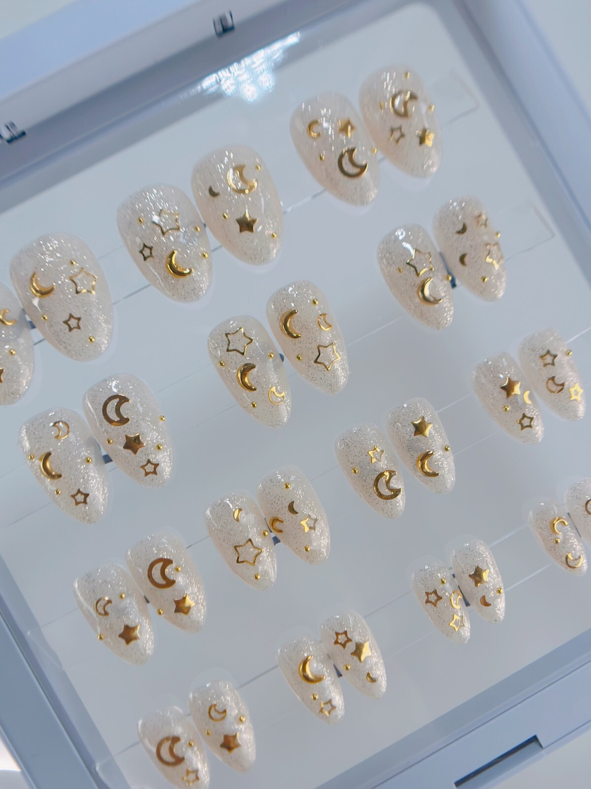 Handmade Press on Nails “Gold Galaxy” Almond Short 28 Nails All Sizes w Glue