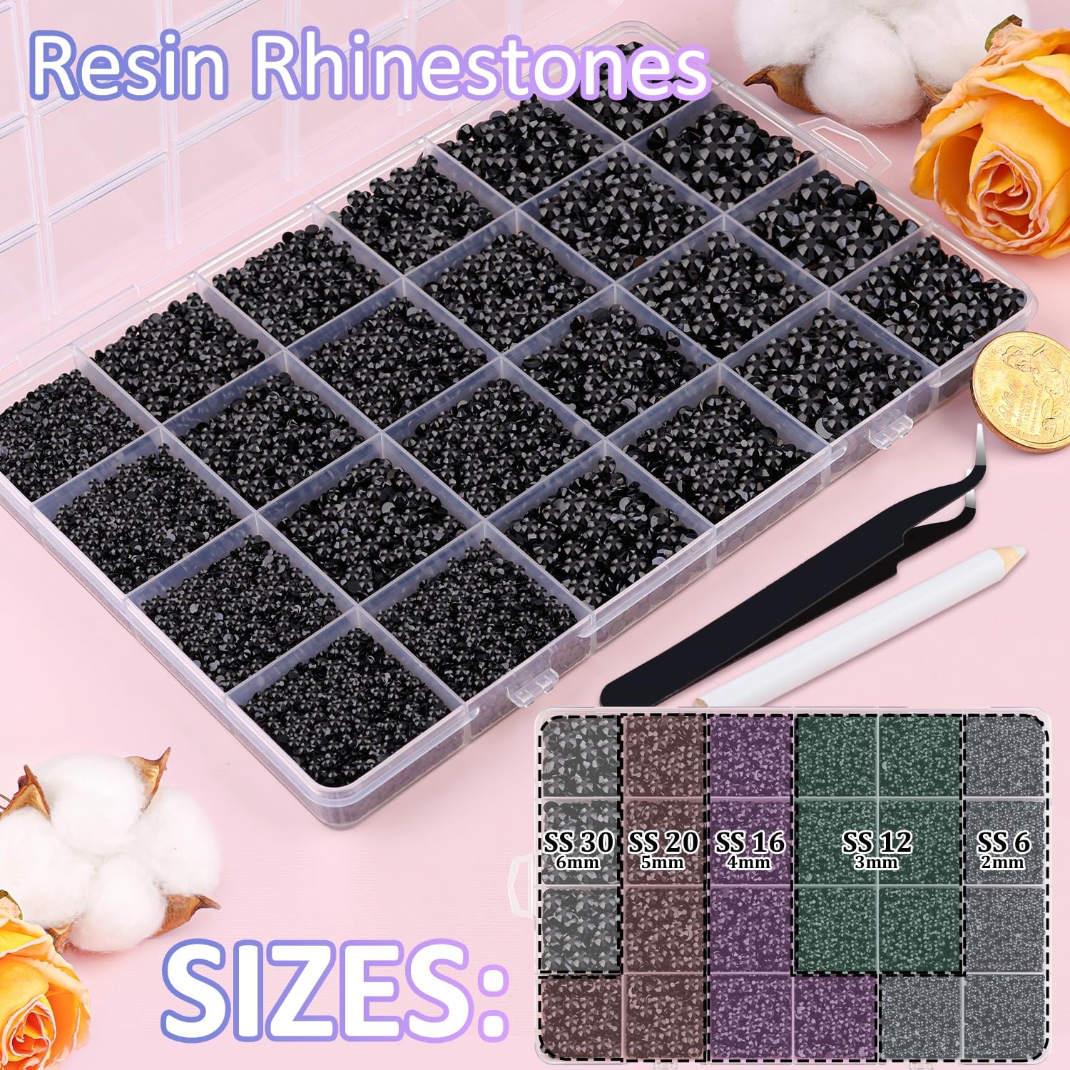 32000Pcs Black Rhinestones for Bedazzling, Flatback Resin Gems Crystal