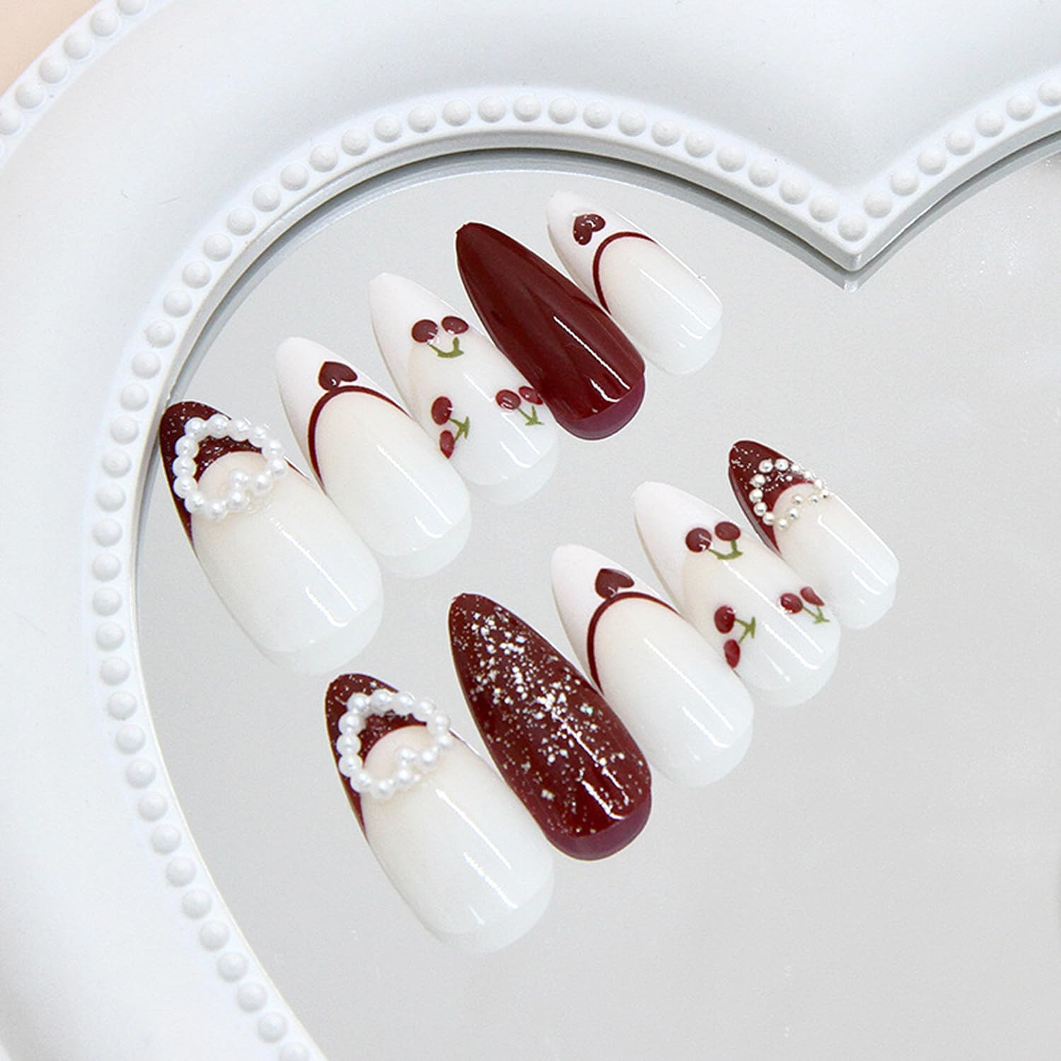 Medium Almond Press-On Nails with 3D Heart and Bow Charms, 24 Pcs