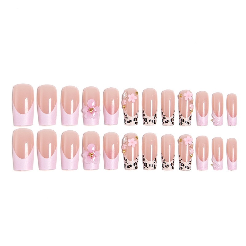48P Leopard Floral Rhinestone Press on Nails, Long Coffin Pink Glossy Fake Nails
