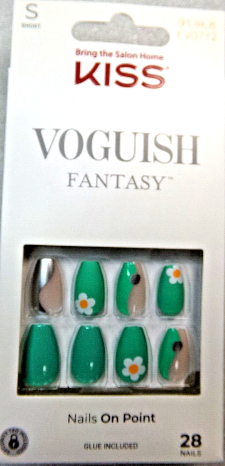 Kiss Voguish Fantasy, Glue On Nail Short Green with Flowers Coffin
