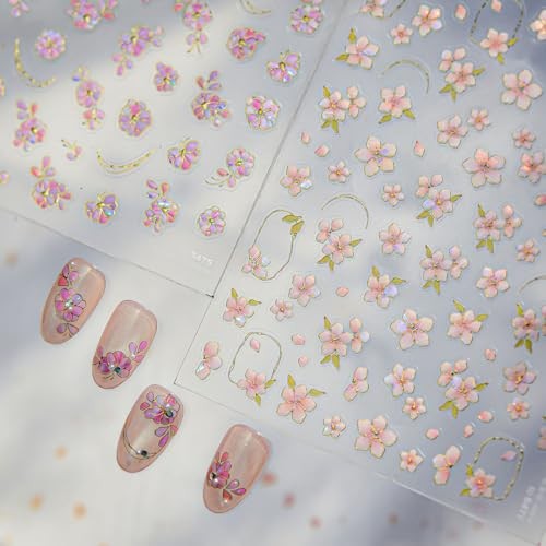 Flowers Nail Art Stickers 5D Embossed Pink Nail Stickers Self-Adhesive Style-31