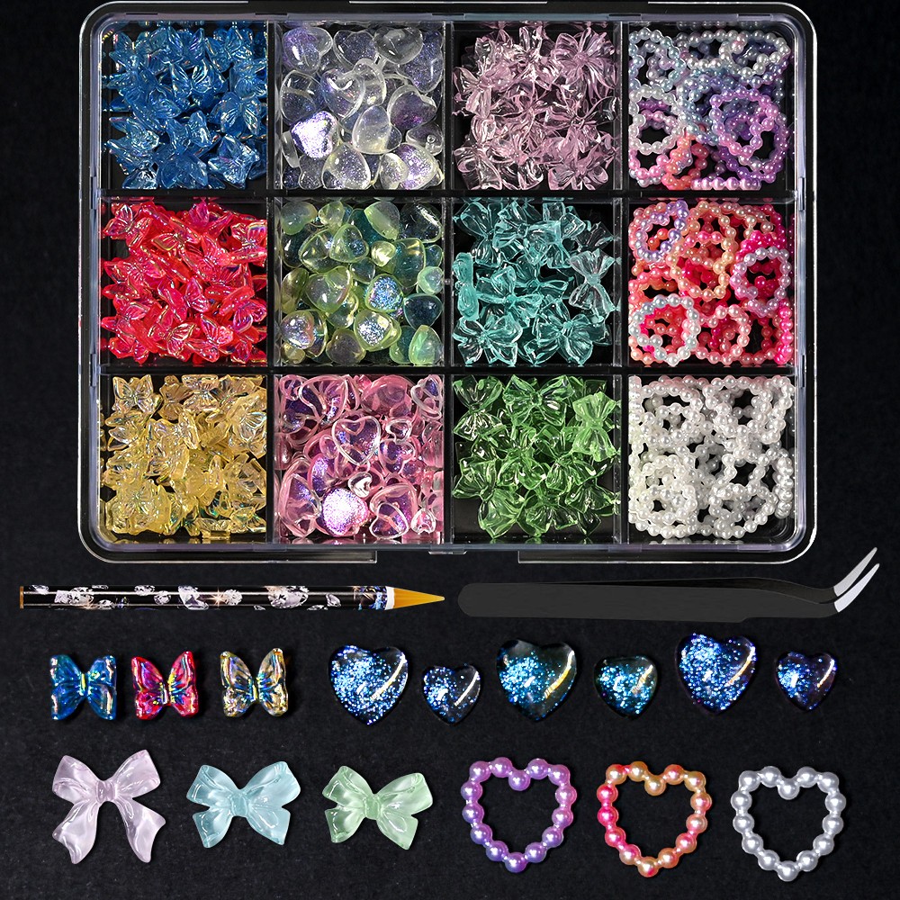 12/15Grids Acrylic Flower Nail Charms Mix Colors Set 3D Flower Nail Art Rhinesto