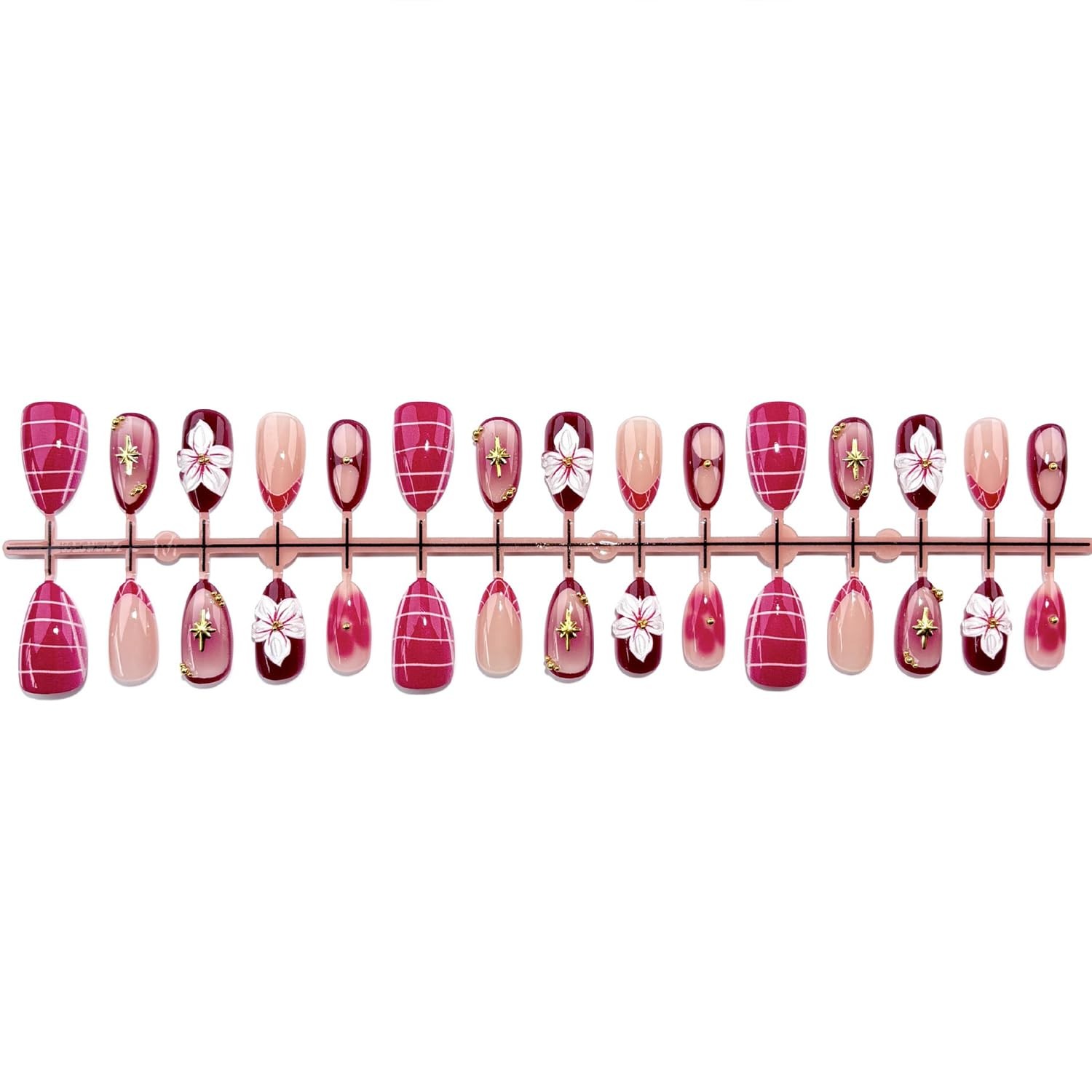 30Pcs Flower Press on Nails Medium Almond Fake Nails with Berry Red 3D Flower…