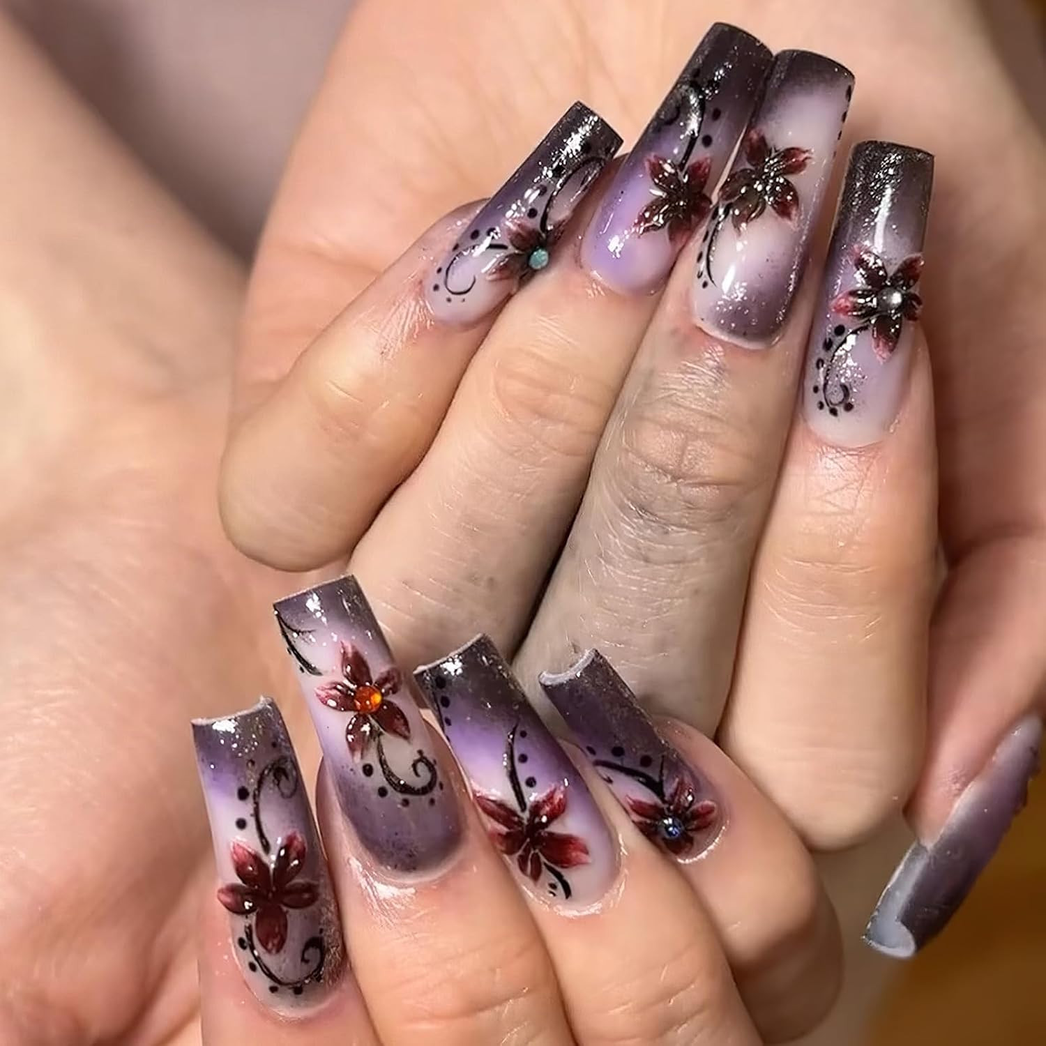 Purple Gradient Press on Nails Medium Square Fake Nails with Glitter Designs Got