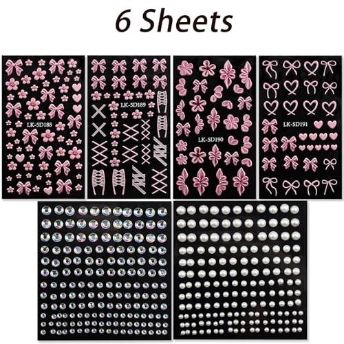 Bow Flower Nail Art Stickers 5D Embossed Nail Decals with Pearls Colorful-02