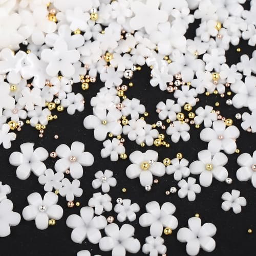 Nail Charms, 1000Pcs 3D Flower, White Acrylic, Metal, Pearl, Mix Sized, Spring