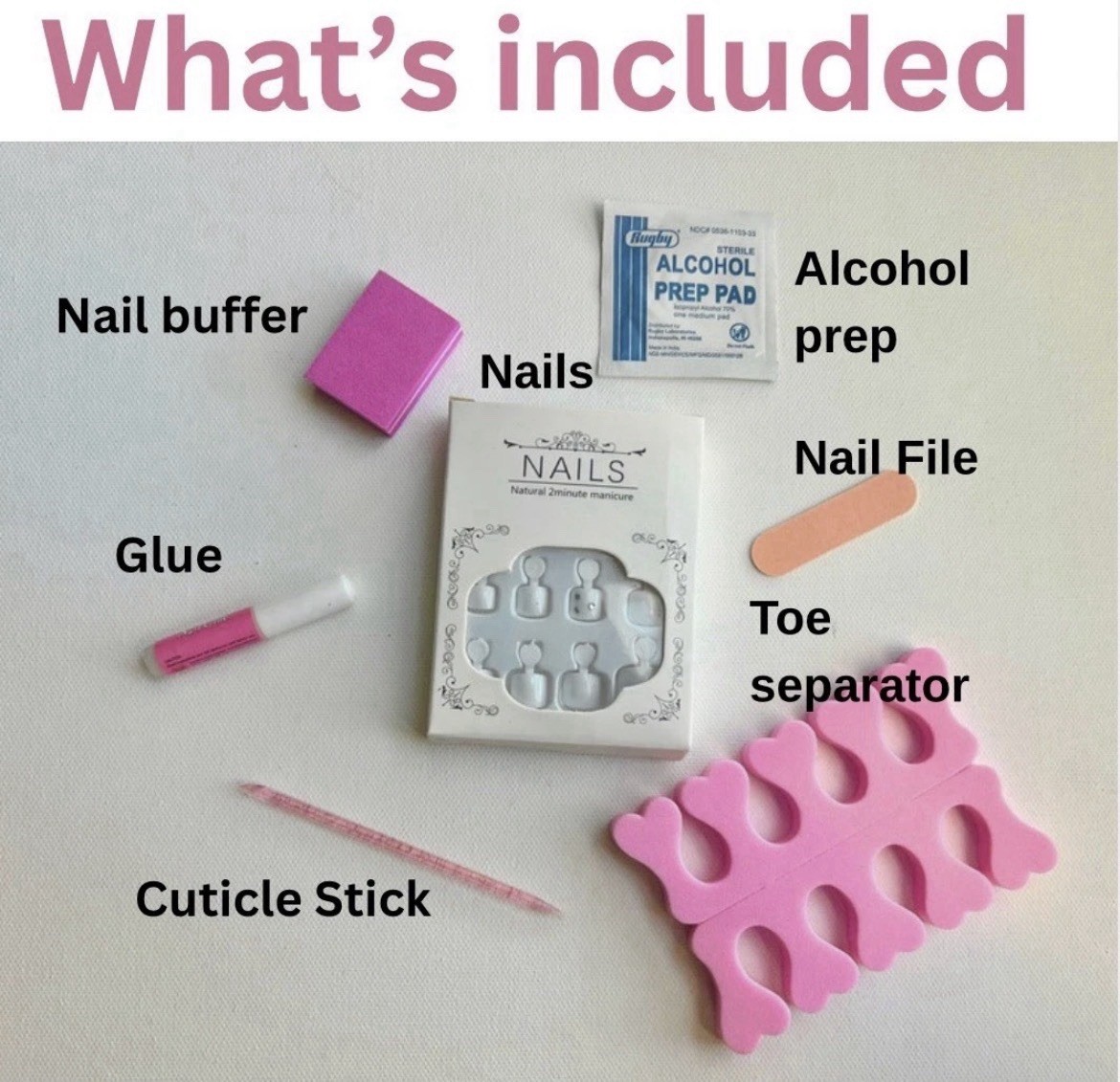 Short Square Press-On Toenails French Pink White Purple Heart Pre-Designed Glue