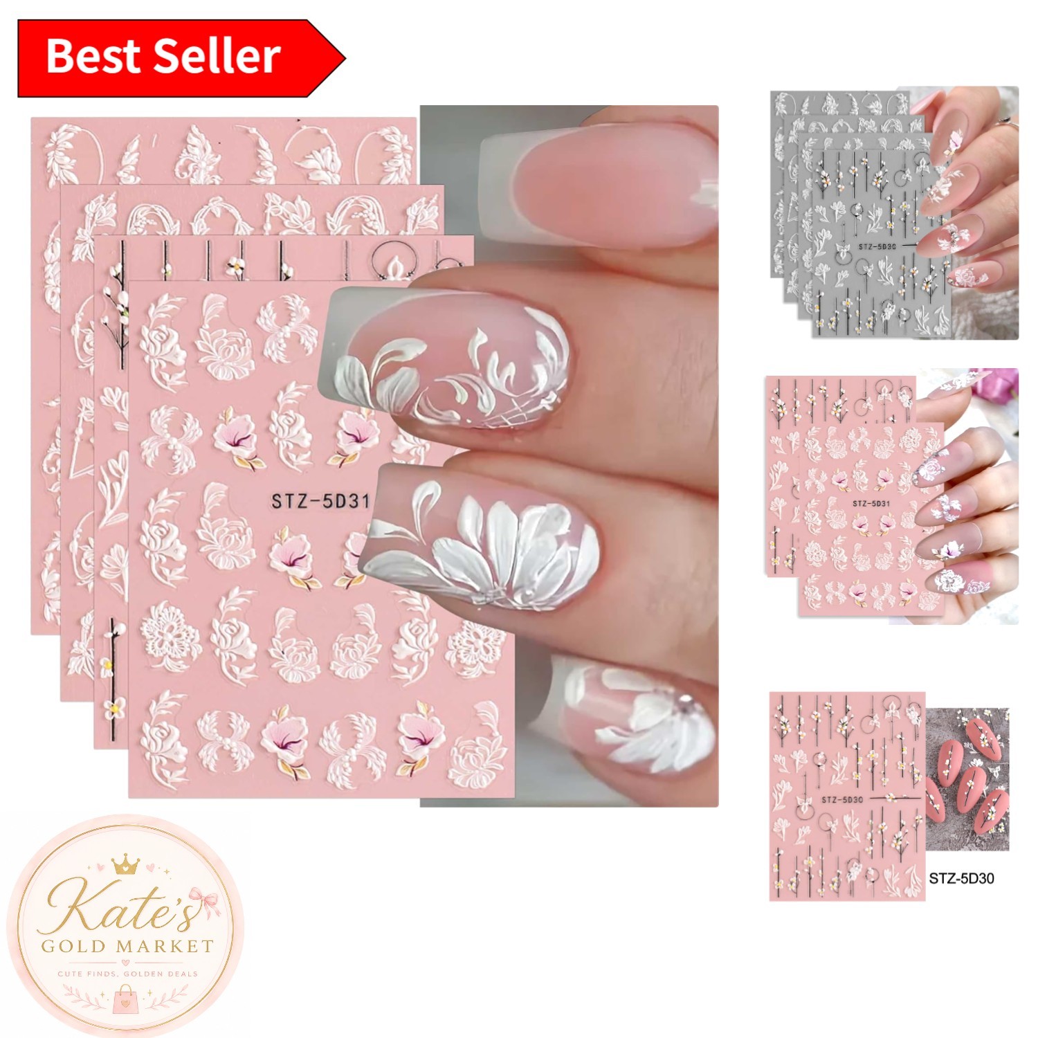 4 Sheets of 5D Spring Floral Nail Art Stickers – Easy Application for DIY Style