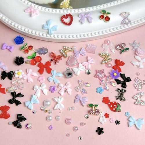3D Flowers Nail Charms Y2K Kit, Metal Butterfly Cherry Colorful Bow Nail 01