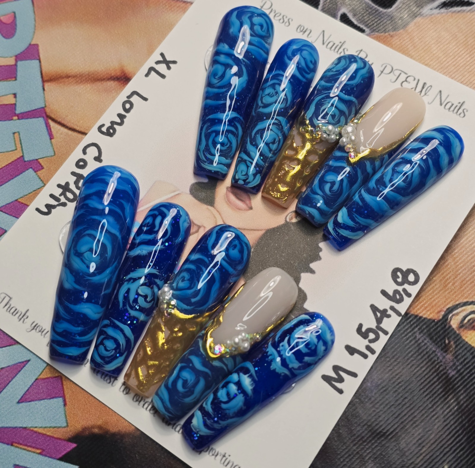 Handmade Gel Press On Nails,V Rose Nails,Medium Size 1,5,4,6,8 XL Long Coffin
