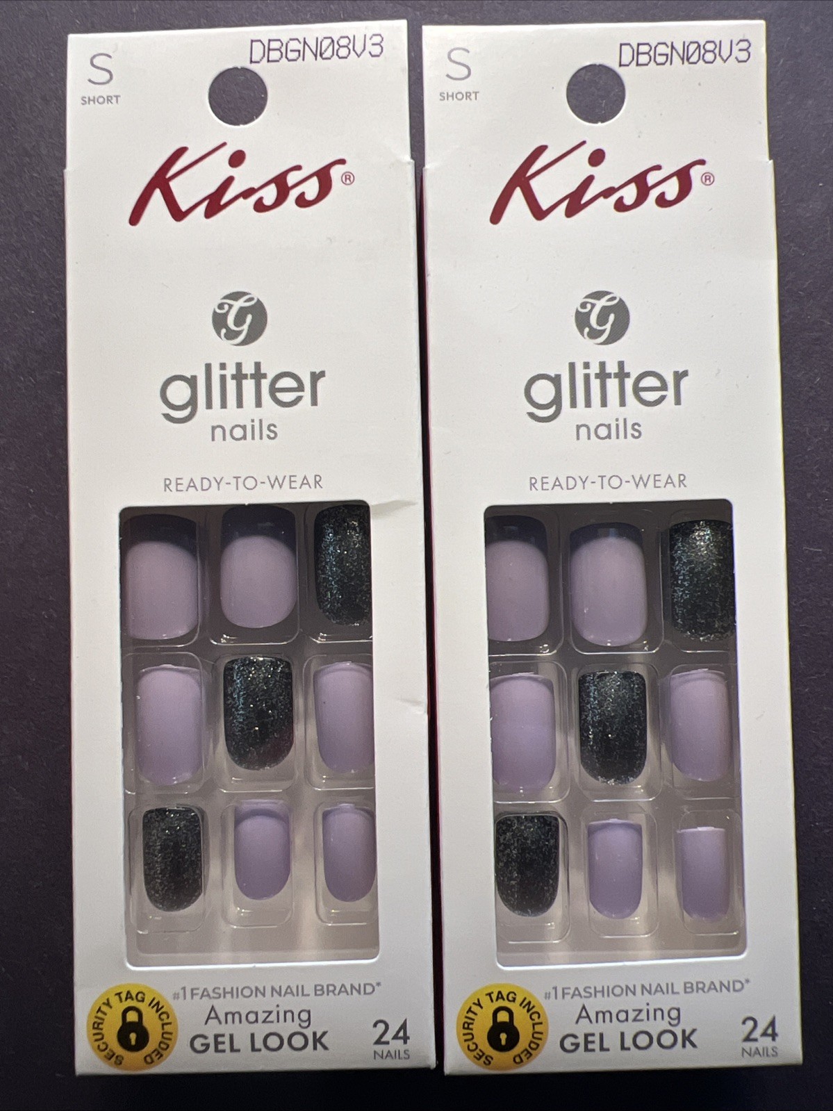 2x~Kiss~Glitter Nails Ready To Wear~Purple & Black Metallic Square~Glue On Nail