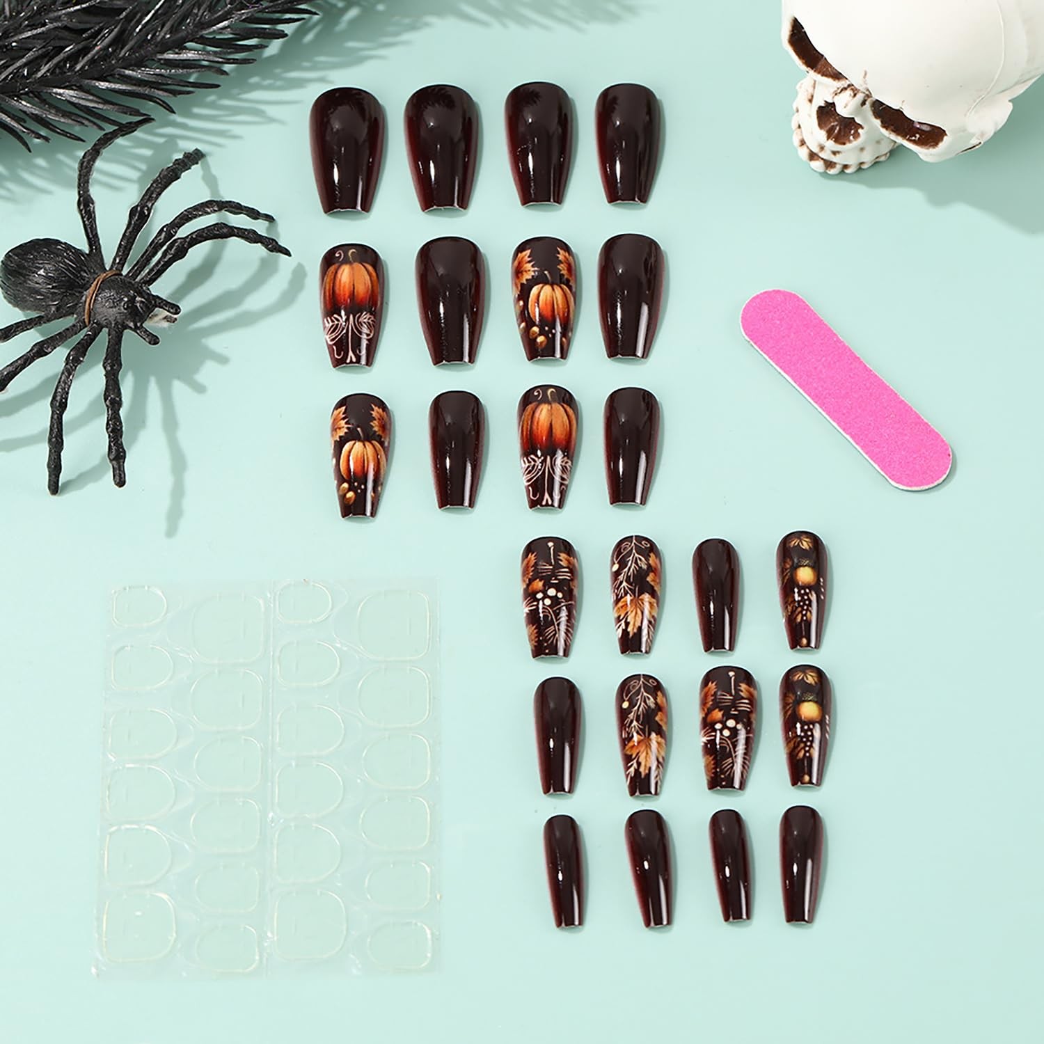 Fall Dark Red Press on Nails Medium Coffin Fake with Pumpkin Multicolor