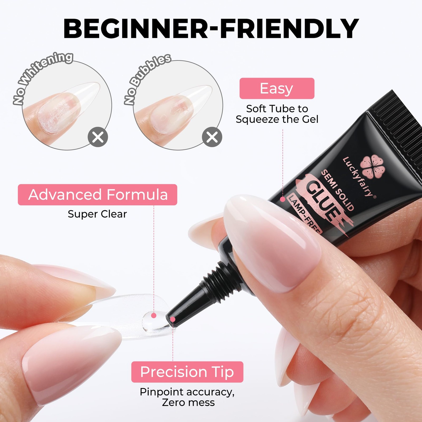 Luckyfairy 5pcs Super Strong Nail Glue for Press On Nails, Fast-Drying No Lamp N
