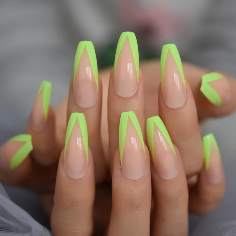 24 Nude French rim neon green border press on nails kit glue v shape