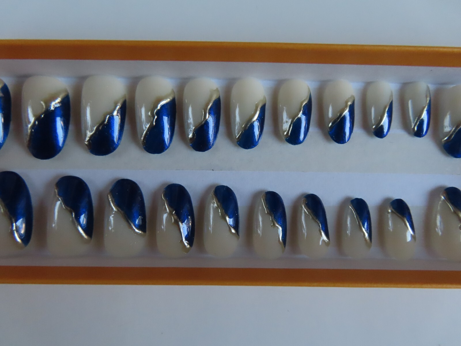 (2) Set Orange Blue White Flower Tip | Blue Silver Chrome Oval Press-On Nails