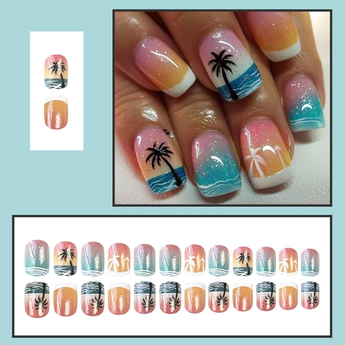 Short Square Press on Nails Blue Wave French Fake Nails Ombre Acrylic Nails P.
