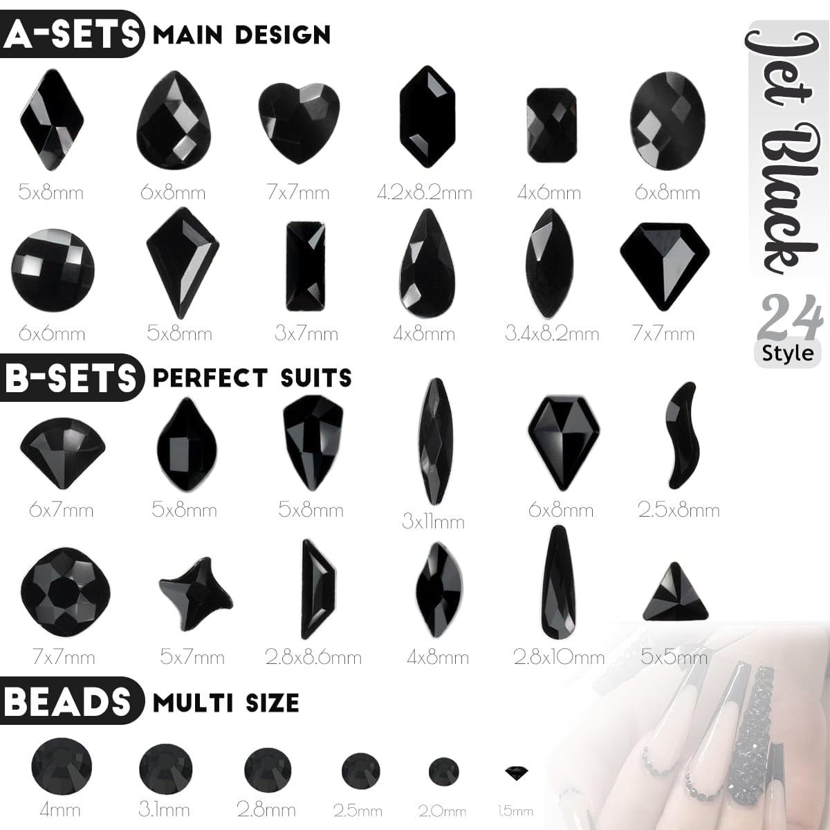 4 Boxes Jet Black Nail Rhinestones and Glitters 24 Shapes K9 Glass Flatback G…