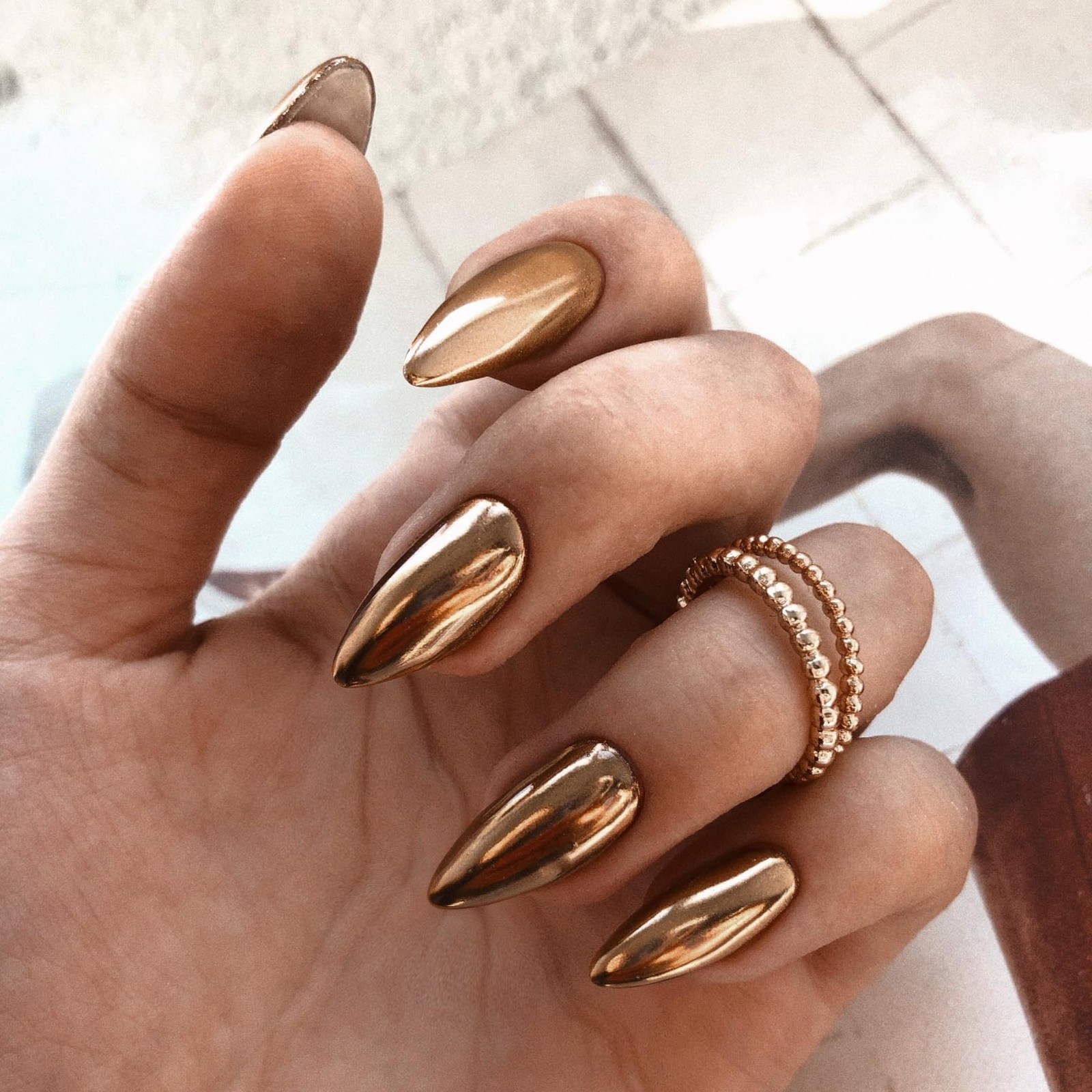 Bronze Chrome Press on Nails Medium Almond, Metallic Brown Acrylic Fake Nails…