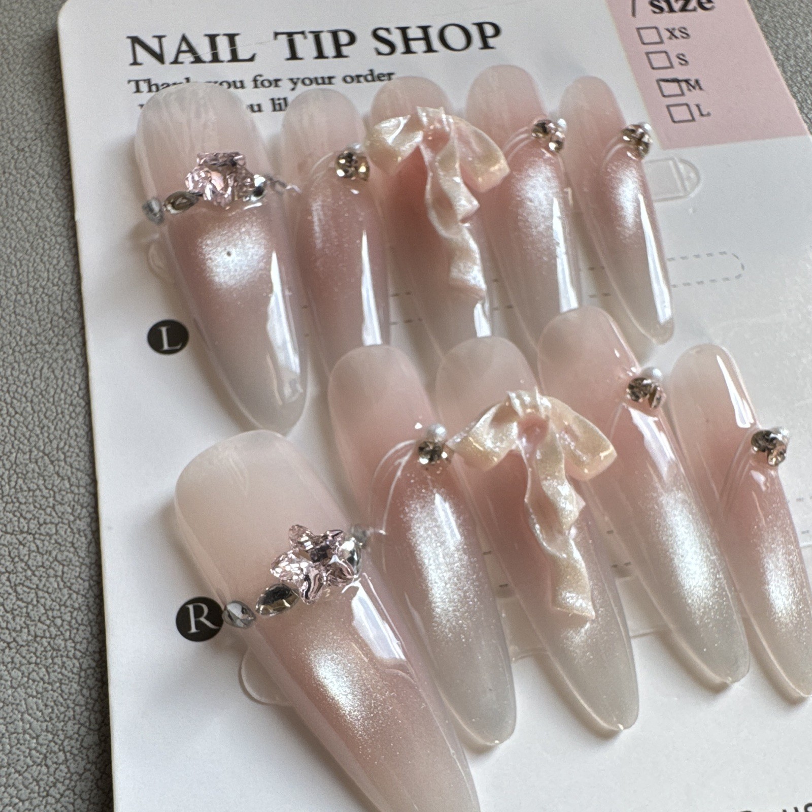 Nail Tip Shop Press-On Nails Almond Pink/White Shiny Full Cover Pre-Designed