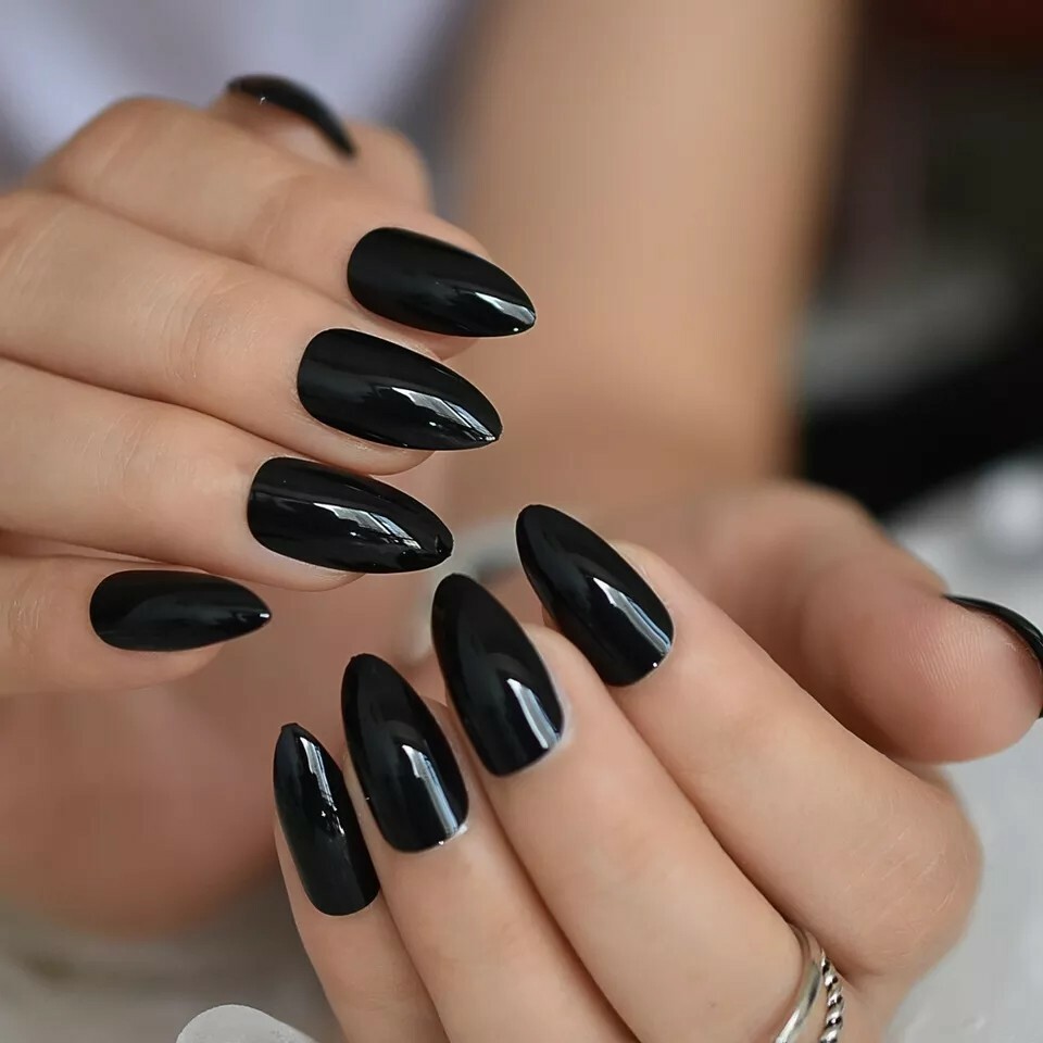 24 shiny black Press On Nails with glue Glossy goth wet look vinyl medium almond