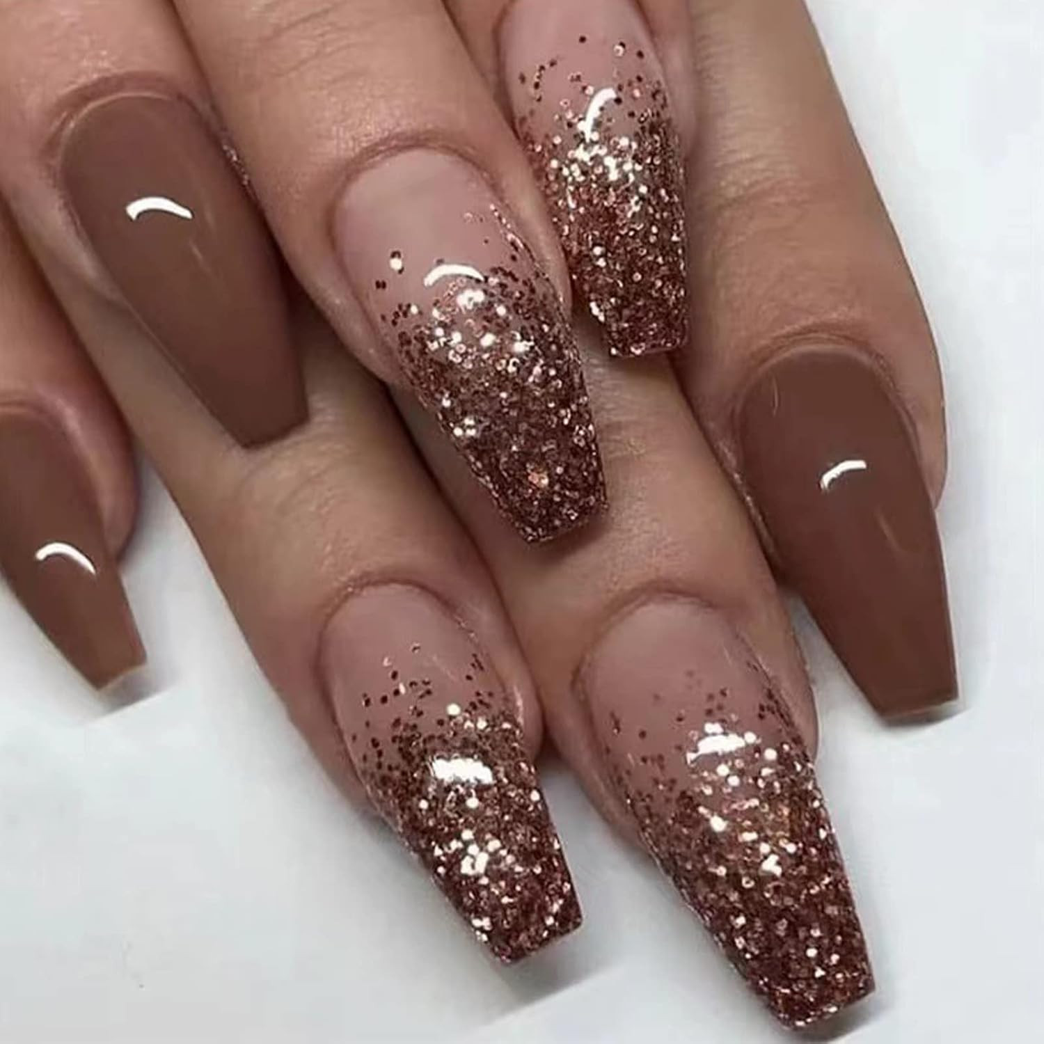 Coffin Press on Nails Medium Ballerina Glossy Glue on Nails Brown Gradient Acryl