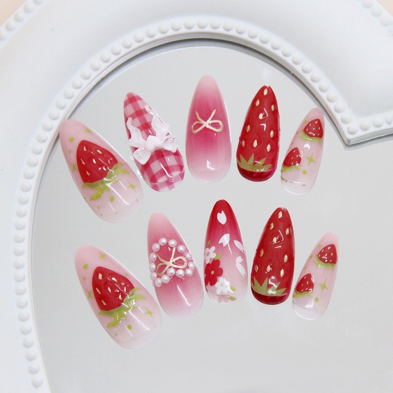 48pcs-Kawaii Press on Nails with 3D Strawberries, Plaid Bows and Gradient Tips