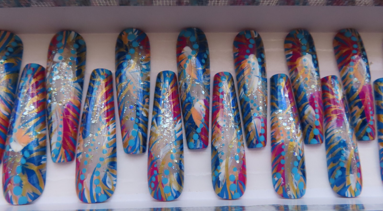 XL Clear Glitter Fuchsia Blue Gold Metallic Abstract Coffin Press On Nails (24)