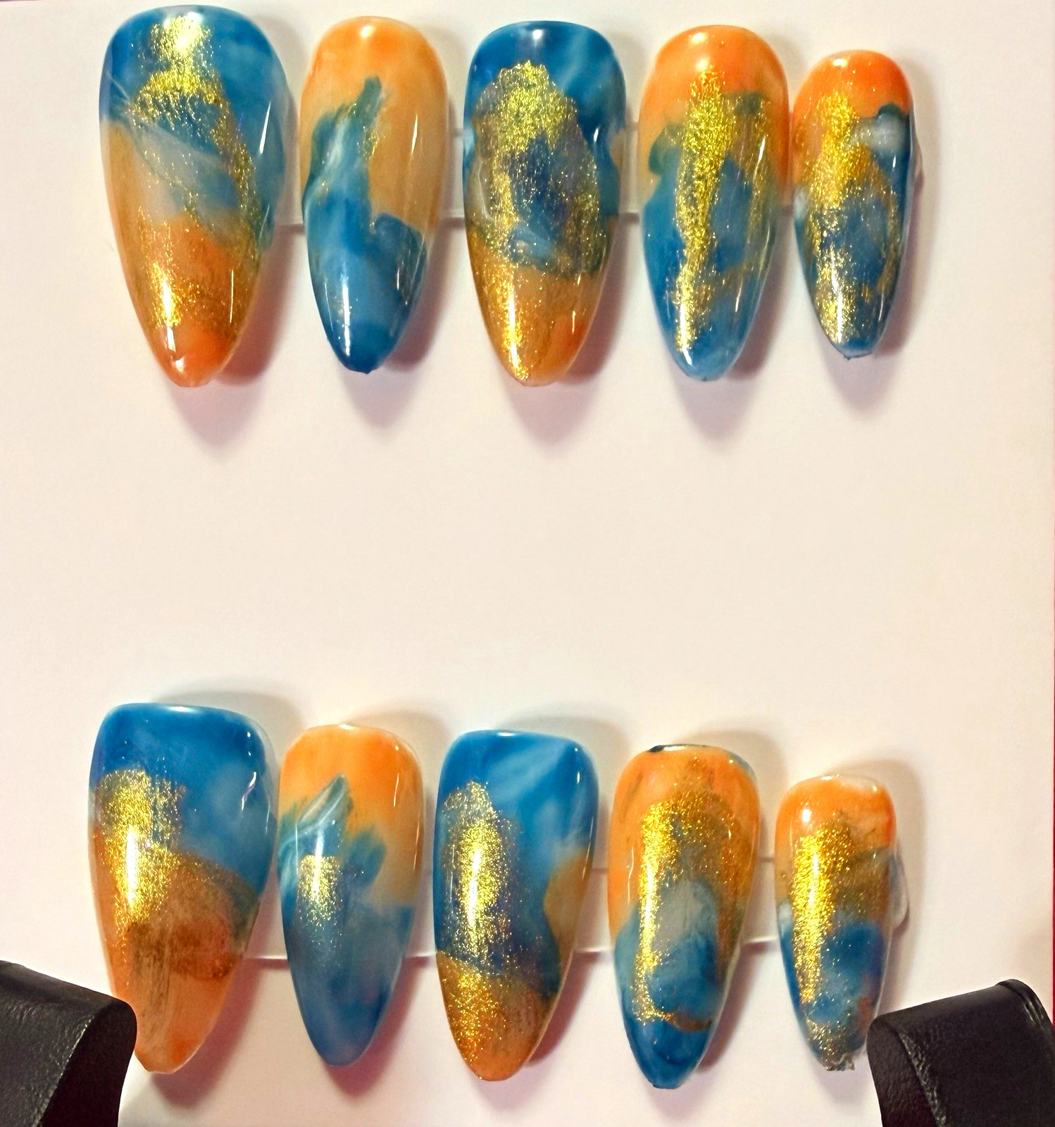 Blue/Orange/Gold Abstract Shiny Coffin Press-On Nails, Long Pre-Designed Acrylic