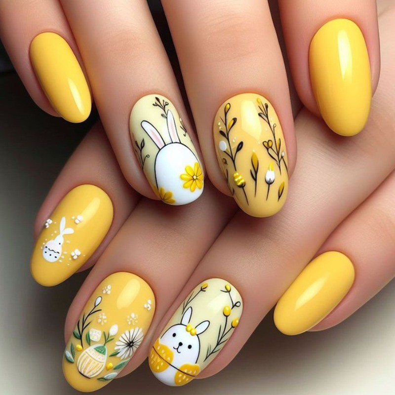 48PCS Oval Yellow Reusable Nail Art with Rabbit Egg Flower Fake Nails
