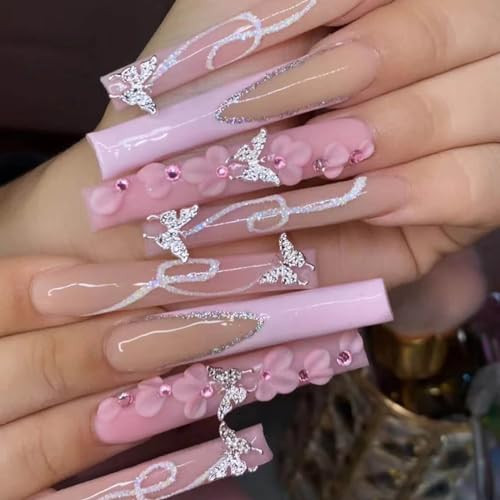 Long Pink Nails Xxl Long Press on Nails Square Pink Fake Nails light pink&nude
