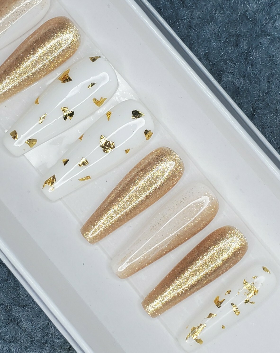 White & Gold flakes chrome metallic Bling glitter ombre press on nails long nail
