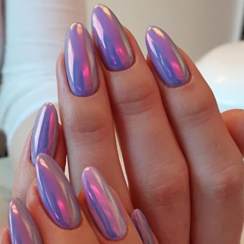 Almond Press on Nails Medium Fake Nails with Glossy Nails Chrome Aurora Designs