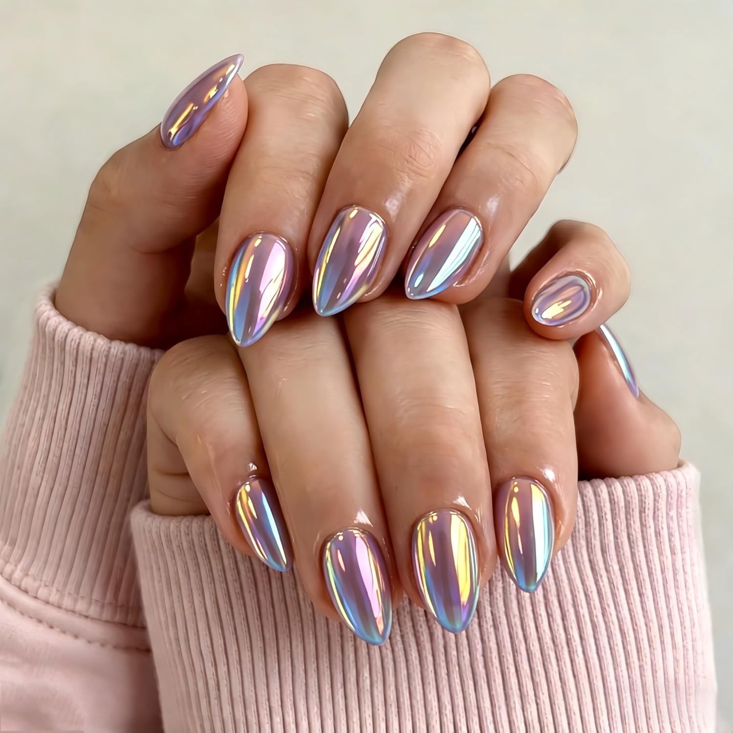 KQueenest Chrome Pastel Light Pink Press On Nails, 30 Pcs Almond Fake Nails