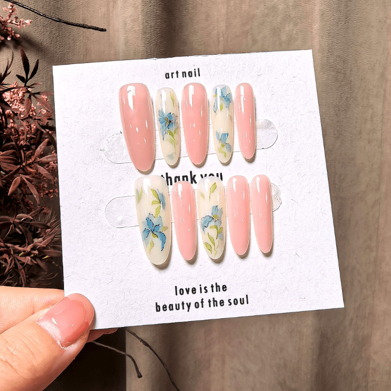 60pcs Almond Press on Nails, Nude Clear Watercolor Blue Floral Elegant Nails