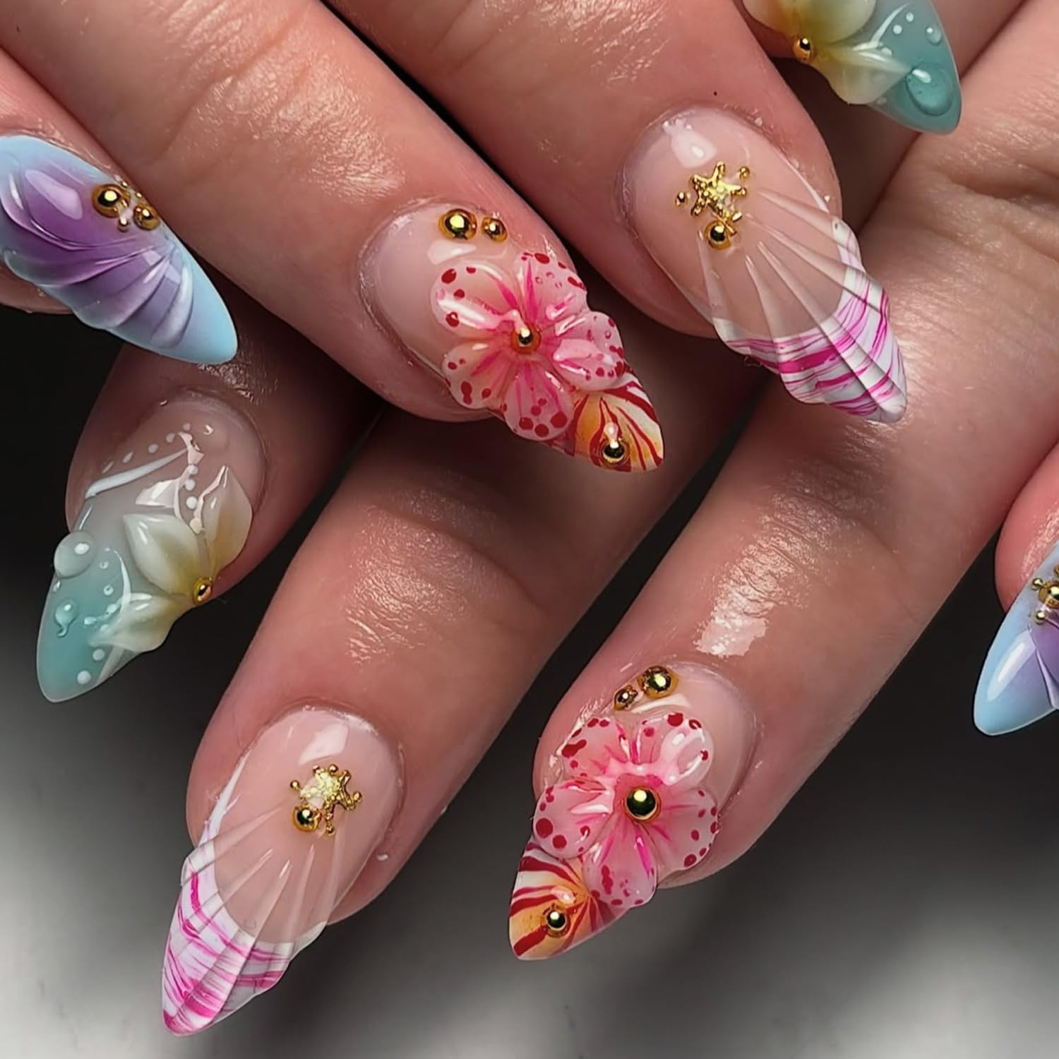 Gradient 3D Flower Press on Nails Almond – Medium French Tip Fake Nails with Gol