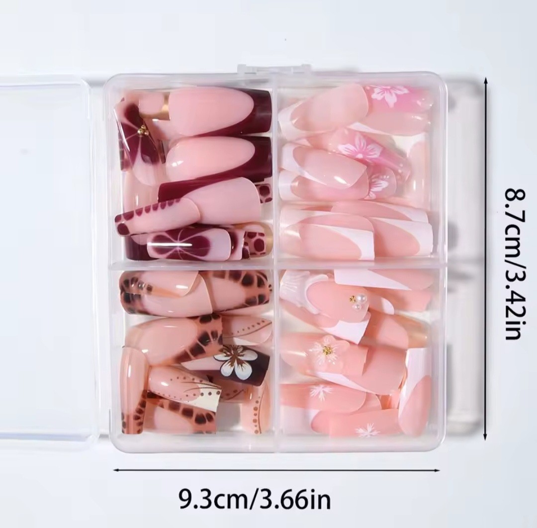 4in1 Luxury Press On Nails Set – 3D Flower Pearl Design French Long Coffin Nails