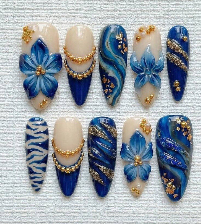 3D Flower Press-On Nails Full Cover Long Almond Blue Beige Gold Pre-Designed