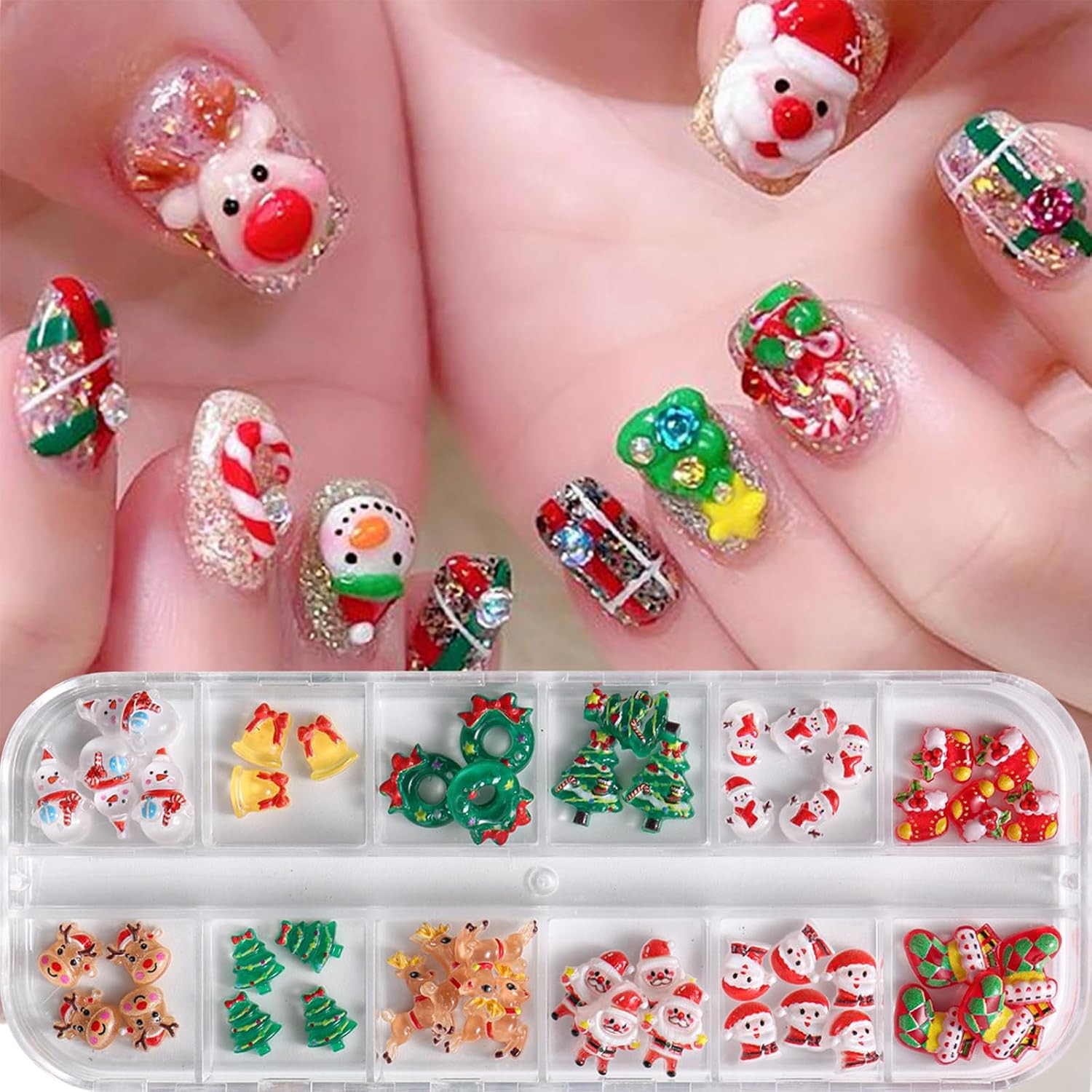 1Box Christmas Nail Art Charms Snowman Reindeer Bell Santa Resin Nail Charms 3D