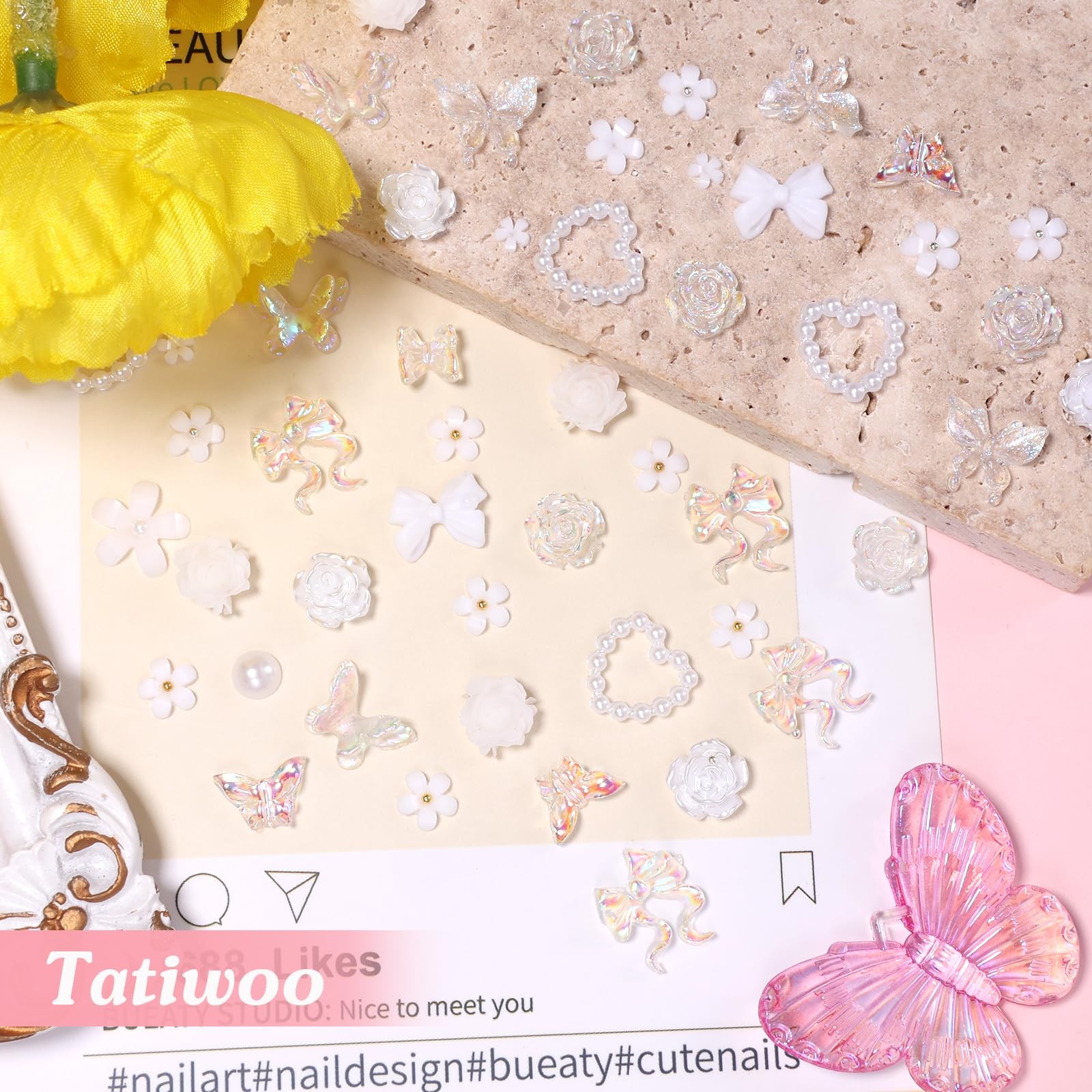 1000 Pcs White Flower Nail Charms, 3D Tiny Flowers Charms for Acrylic Nails Mixe