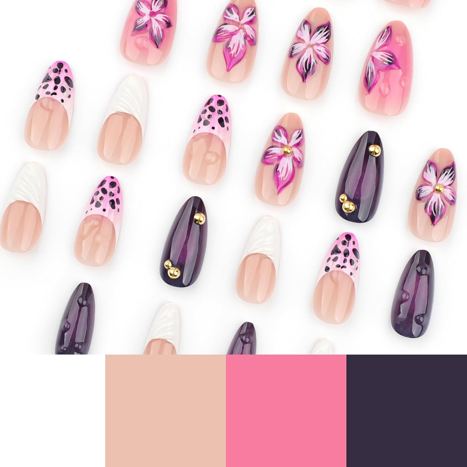 24Pcs Purple Flowers Press on Nails Medium Almond Fake Nails with 3D Floral Gold