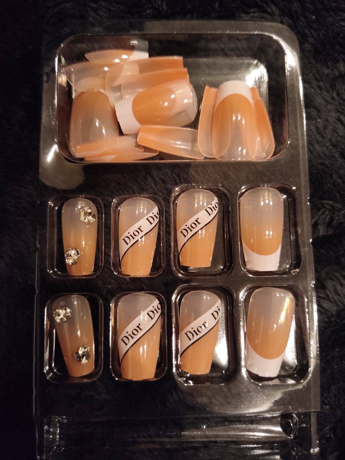 Nude French Luxury Press On Nails Fashion Logo Print Rhinestone Medium Coffin