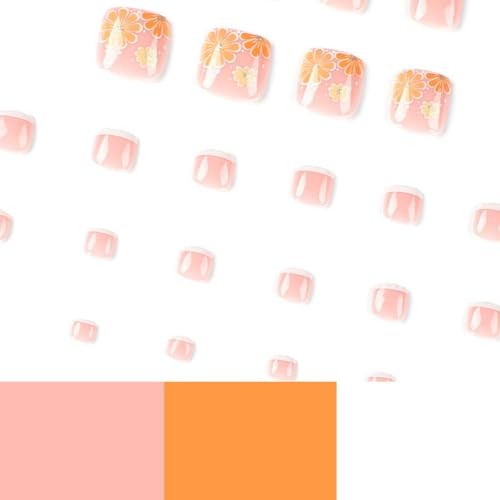 Flower Press on Toenails Square Fake Toenails White French Tip Short Style-8