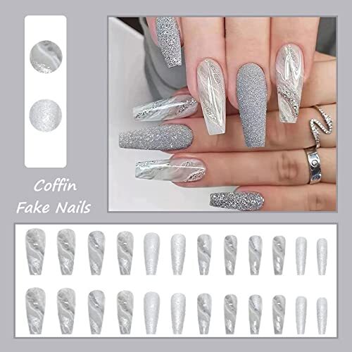 24 pcs Coffin Press on Nails Long Fake Nails 0.04 Fl Oz (Pack of 24) PN03Gray