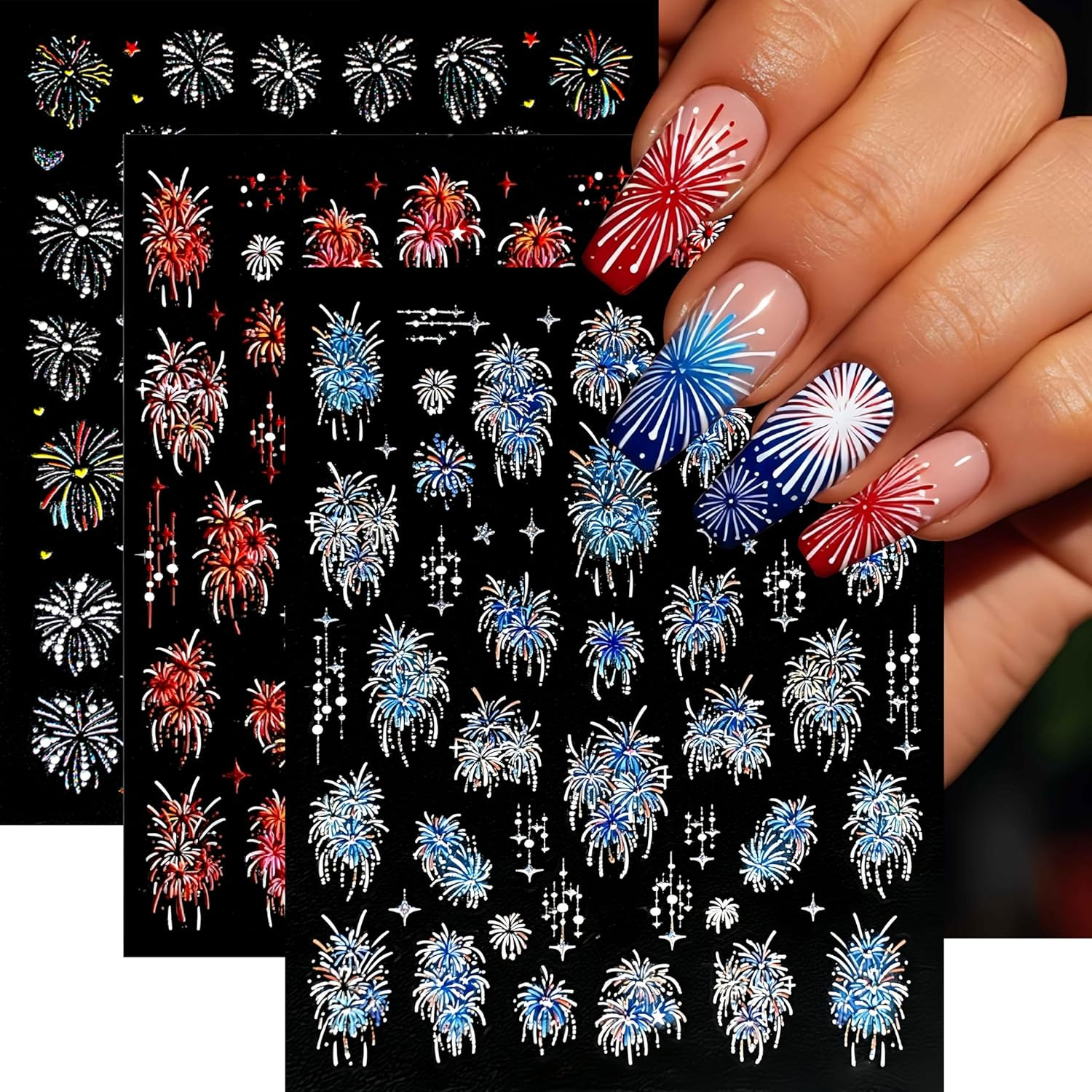 3 Sheets Fireworks Nail Stickers 5D Embossed Colorful Fireworks Nails Decals Aur