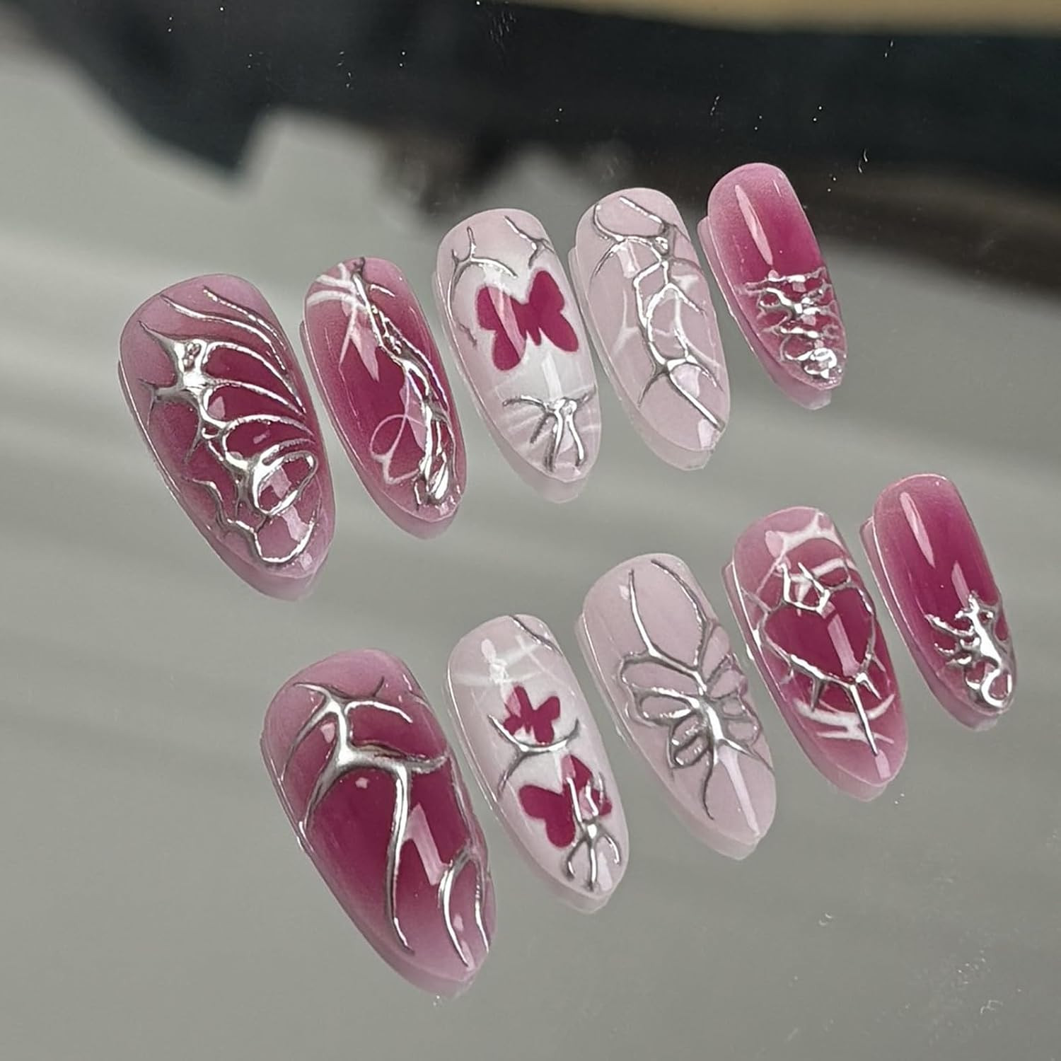 30Pcs Rose Red Y2K Press on Nails, Medium Almond Shape, Acrylic Material, Full C