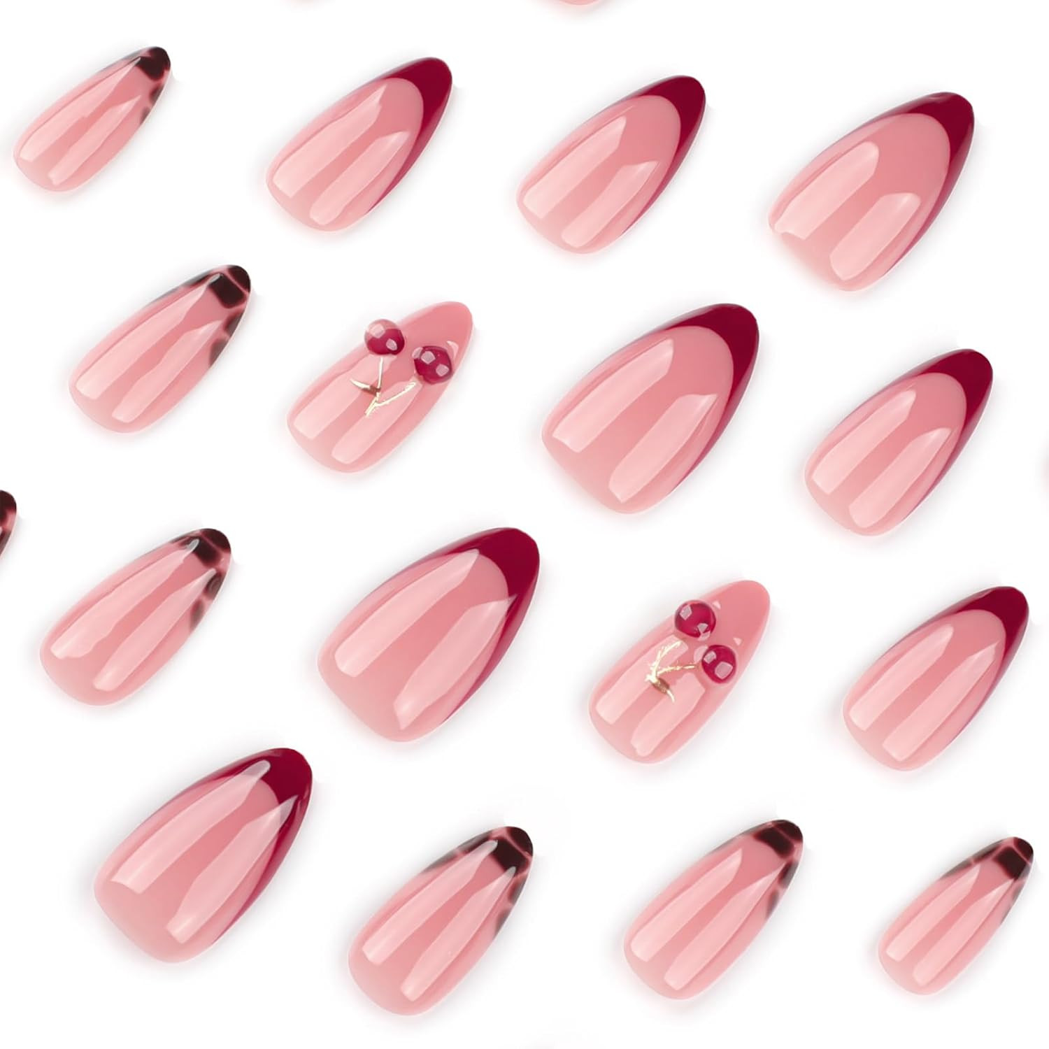 Medium Almond Press-On Nails – 3D Cherry, Gold Branch & Leopard Design, 24PCS