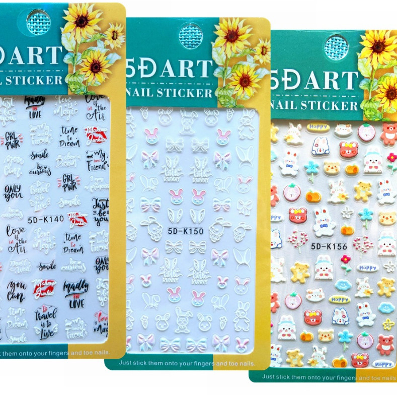 5D Embossed Flower Unicorn Bunny Leaf Fingers Toe Nail Art Sticker Manicure NS24
